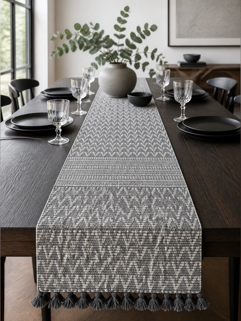 NWT - Grey Chevron Tasseled Table Runner